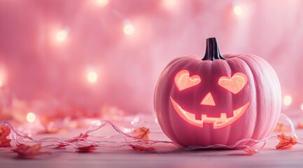 Wall Mural - Cute, smiling pink Halloween pumpkin with heart-shaped lights on a pastel background. 