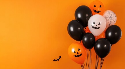 Wall Mural - Halloween balloons with black and white colors on an orange background, a Halloween concept