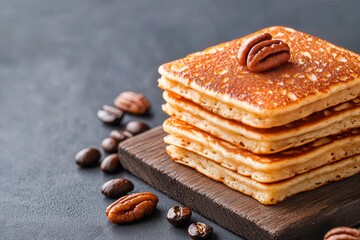 Canvas Print - Stack of fluffy pancakes with pecans on a wooden board against a dark background