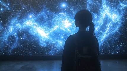 Wall Mural - young figure learning about the cosmos in an immersive digital classroom symbolizing limitless curio