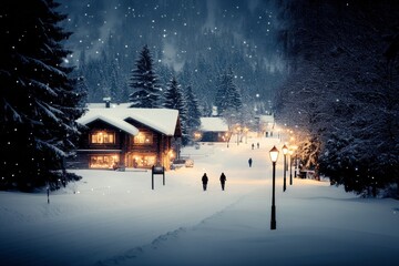 Poster - Cozy cabins glowing warmly in a snowy winter landscape during dusk