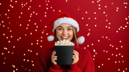 Wall Mural - A woman dressed as Santa Claus and eating popcorn
