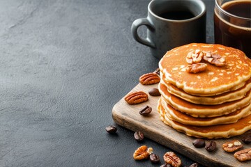 Canvas Print - Stack of fluffy pancakes with pecans on a wooden board against a dark background