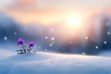 Wall Mural - Resilient flowers blooming through snow in a winter landscape at sunset