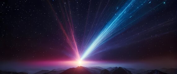 a glowing energy beam shooting from a pulsar surrounded by a star field sparkling in multicolored hu