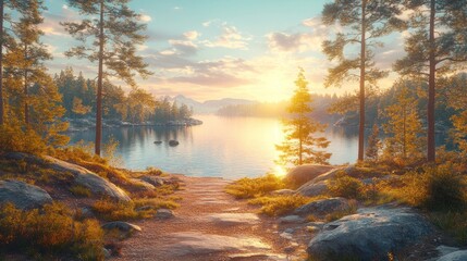 Poster - Sunrise over serene lake, path leads to water.