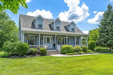 Wall Mural - Beautiful suburban house gray siding white trim dormer windows manicured lawn