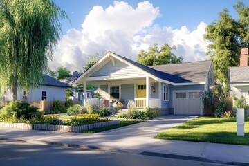 Wall Mural - Charming craftsman bungalow pale gray exterior yellow front door covered front porch