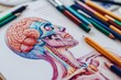 © Victor Bertrand - A vividly colored anatomical drawing, surrounded by pencils, illustrates the complex beauty of the human body, merging science with vibrant artistic expression.