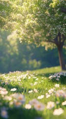 Wall Mural - serene spring landscape featuring blossoming trees and vibrant green grass