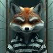 © Thares2020 - Sly Fox Sneaking Through Prison Hallway in Striped Uniform with Mischievous Grin