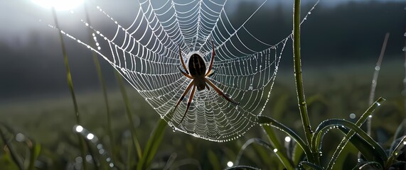 Wall Mural - A close up of a spider spinning a dew covered web in the early morning light