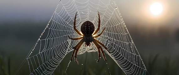 Wall Mural - A close up of a spider spinning a dew covered web in the early morning light