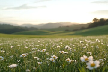 Wall Mural - beautiful wildflower meadow at sunset with sun rays illuminating the landscape