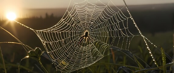 a close up of a spider spinning a dew covered web in the early morning light