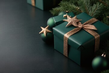 Poster - Gifts wrapped in green paper with festive decorations during the holiday season