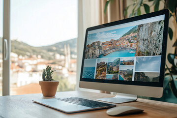 modern computer displaying travel pictures of an italian cityscape on a desk with a laptop and a suc