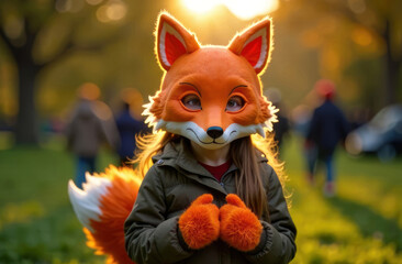 A teenage girl in an animal carnival fox mask with fluffy ears plays quadrober in the park, imitating animal actions as part of the Quadrobika subculture