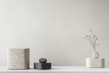 Poster - Decorative stone objects and vase with dried flowers on a minimalist shelf