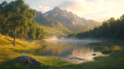 Poster - Serene sunrise over misty mountain lake.