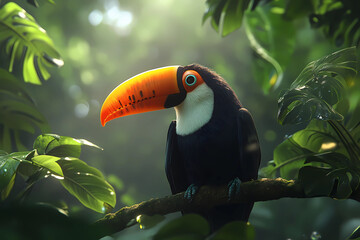 A colorful bird with a long beak is perched on a branch in a lush green forest