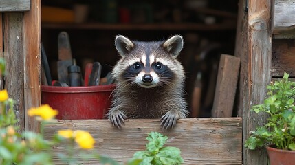 Masked Raccoon Explores Garden Shed Causing Mischief and Mess