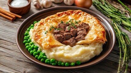 Wall Mural - Delicious beef pie served on creamy mashed potatoes with green peas and garnished with herbs