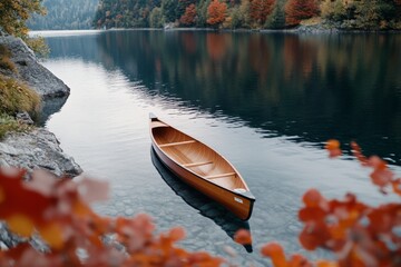 A solitary wooden canoe rests on a tranquil lake surrounded by autumn foliage, evoking a peaceful and timeless escape into nature.