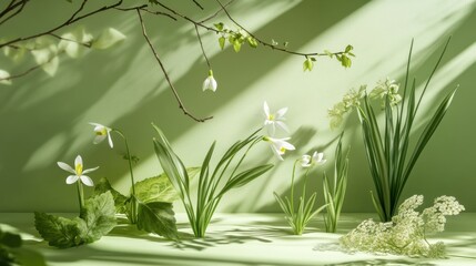 Wall Mural - Delicate spring flowers arranged naturally on a soft green background under gentle light