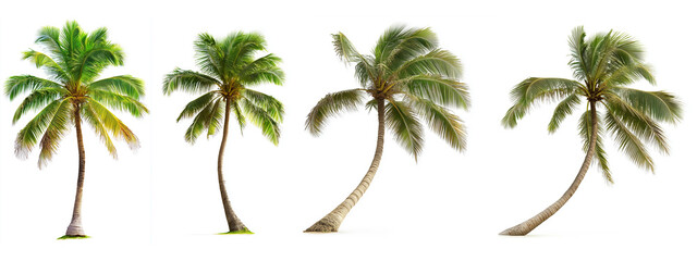 Tropical coconut palm trees collection isolated on white background