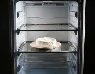 An empty fridge with a brie cheese