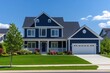 © stock.metket.com - Photorealistic suburban house navy blue siding white trim two story colonial style