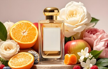 Bottle perfume mockup with flower and fruits background