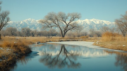 Poster - Snowy mountain range reflected in calm river with trees.