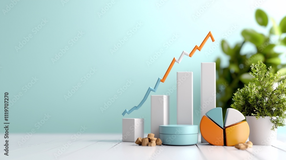 Upwards Table Upward trending bar graph and pie chart on white table with plant ...