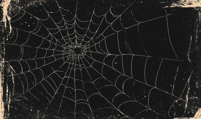 Spider web intricate design, black background, delicate lines, artistic representation, vintage style
