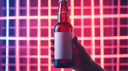 Wall Mural - Hand holding beer bottle with blank white label against neon lights. Futuristic nightlife. Alcohol beverage promotional design template advertising image. Mock up product photorealistic