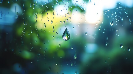 Wall Mural - a single water drop hangs on a window pane with a blurry green background.