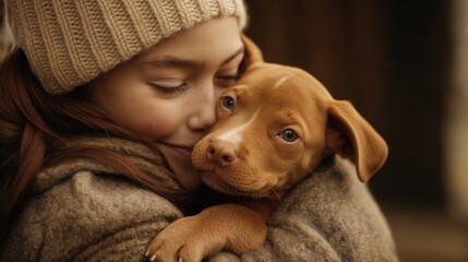 Young woman in winter clothing cuddling brown puppy, intimate emotional moment showing bond between human and pet, cozy indoor setting with warm lighting. 8k