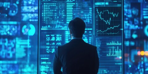 Poster - Business Professional Analyzing Data on Digital Display of Stock Market Trends and Financial Graphs in a Modern Office Environment