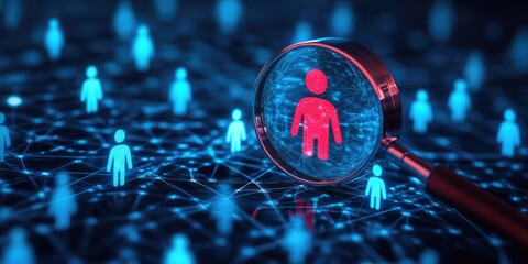 Aufkleber - Digital connections and social networking concept illustrating a magnifying glass focusing on a human figure among digital people representations