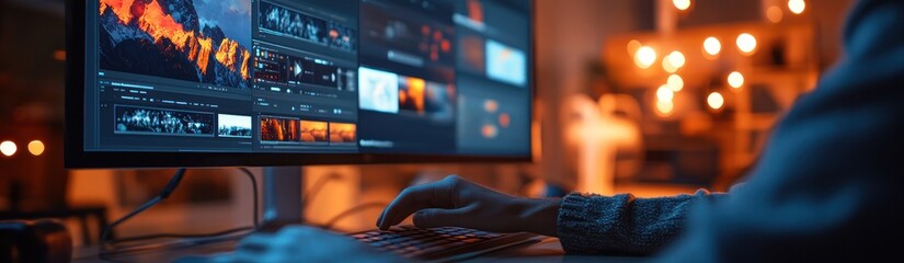 Person editing video footage on a large monitor with a warm light background.
