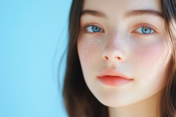 Wall Mural - Close-up portrait of a young woman with freckles and blue eyes. (1)