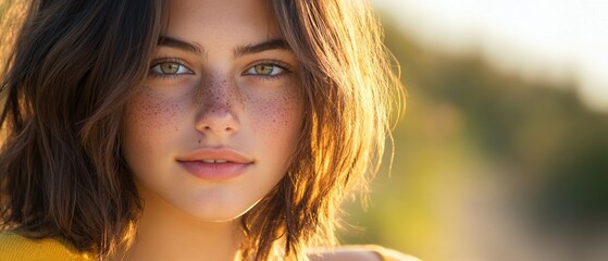 Wall Mural - Close-up portrait of a young woman with freckles and natural beauty.