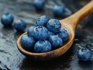 Wall Mural - Fresh blueberries in a wooden spoon, showcasing their vibrant color and texture against a dark background.