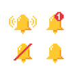 © diluck - Bell icons in pixel art style. Notification icons for mobile interface, 8 bit bell for UI.