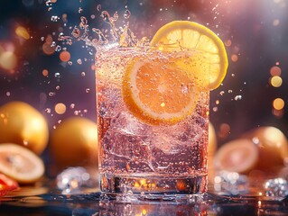 Wall Mural - A refreshing sparkling drink with lemon slices splashing in a glass, surrounded by blurred citrus fruits and a vibrant, colorful background.