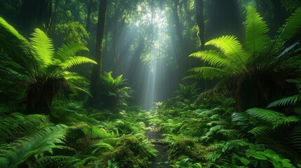 Wall Mural - Sunbeams illuminate lush, green rainforest path.