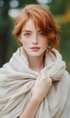 Portrait of a beautiful redhead woman with freckles, wearing a beige shawl outdoors.