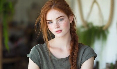 Wall Mural - Portrait of a young redhead woman with freckles and a braid.